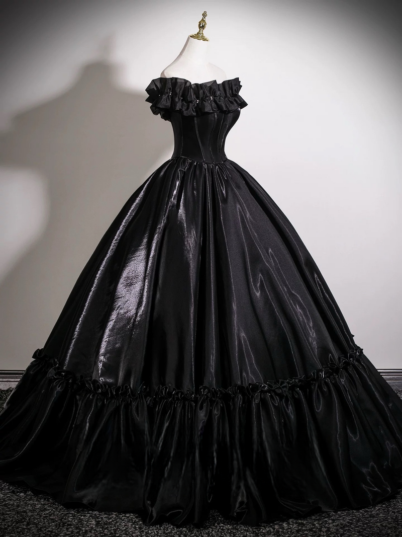 A-Line Off Shoulder Satin Black Long Prom Dress, Black Long Formal Dress US 16 / Black A-Line Off Shoulder Satin Black Long Prom Dress, Black Long Formal Dress US 16 / Black