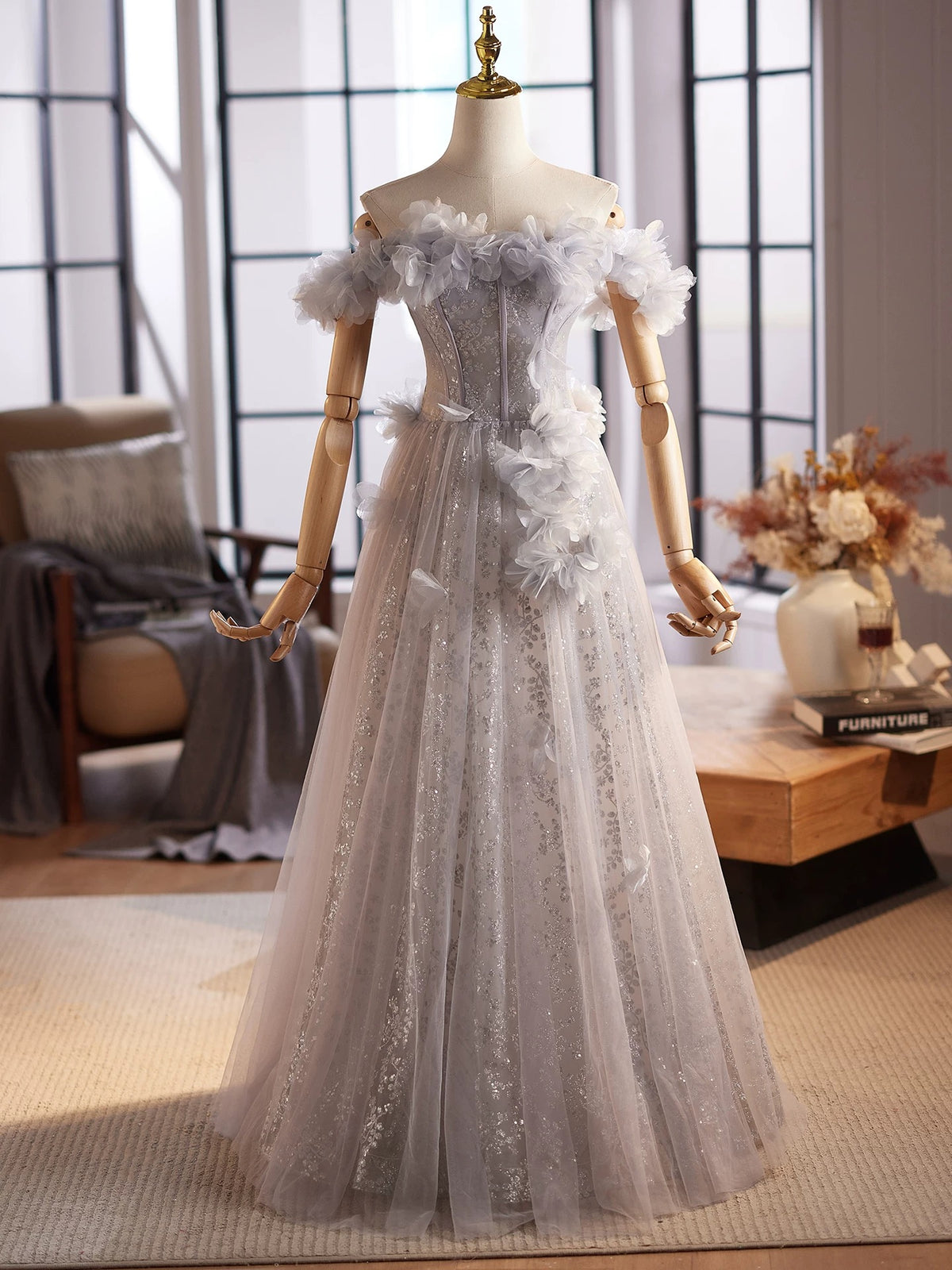 A-Line Off Shoulder Tulle Flower Applique Gray Long Prom Dress