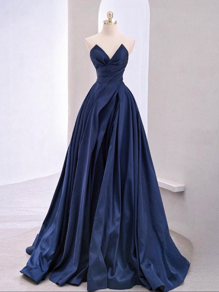A Line V Neck Strapless Blue Satin Long Prom Dresses, Blue Satin Long Formal Dresses, US 16 / Custom Color / No Rush