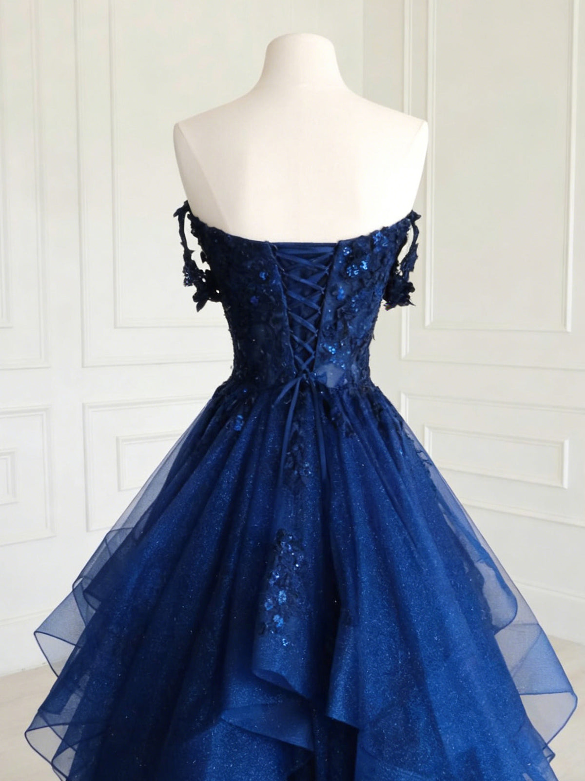A-Line Off Shoulder Tulle Sequin Lace Blue Long Prom Dress