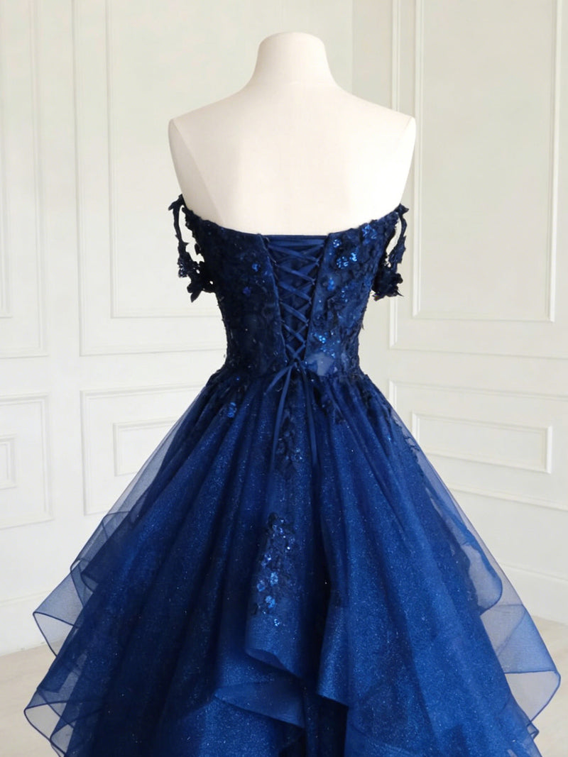 a-line off-the-shoulder sweep train chiffon prom dresses with lace sequins A-Line Off Shoulder Tulle Sequin Lace Blue Long Prom Dress US 10 / Burgundy