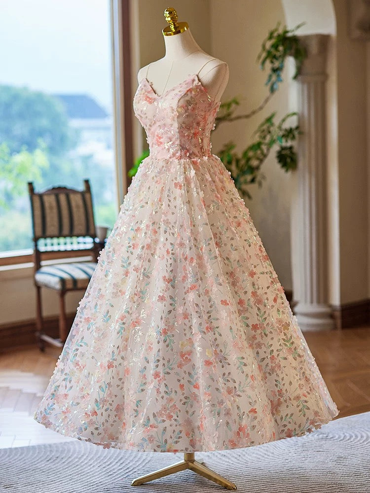 A-Line V Neck Flower Lace Tea Length Pink Prom Dress, Pink Formal Dress US 12 / Pink A-Line V Neck Flower Lace Tea Length Pink Prom Dress, Pink Formal Dress US 12 / Pink