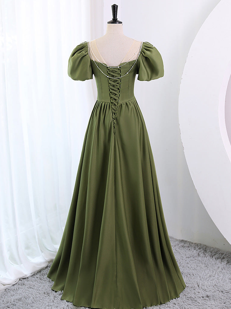 A-Line Scoop Neckline Puff Sleeves Satin Long Green Prom Dress, Green ... A-Line Scoop Neckline Puff Sleeves Satin Long Green Prom Dress, Green ...