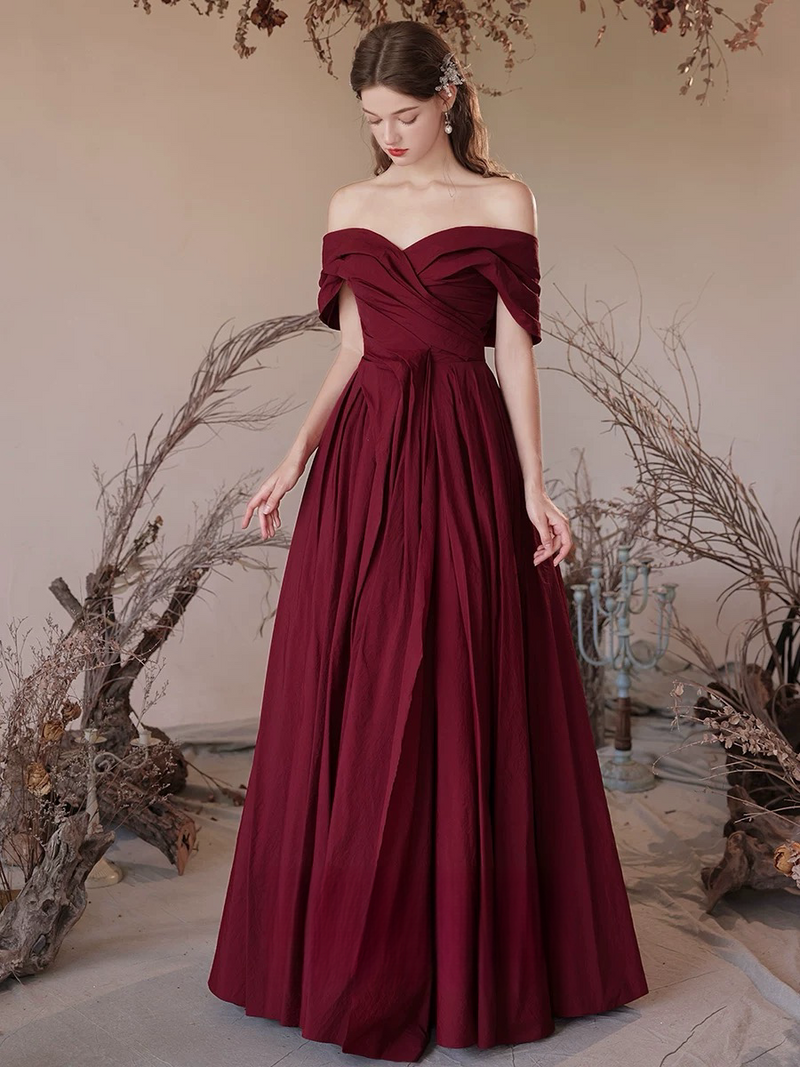 A-Line Off Shoulder Satin Burgundy Long Prom Dress, Burgundy Long Formal Dress Custom Size / Custom Color