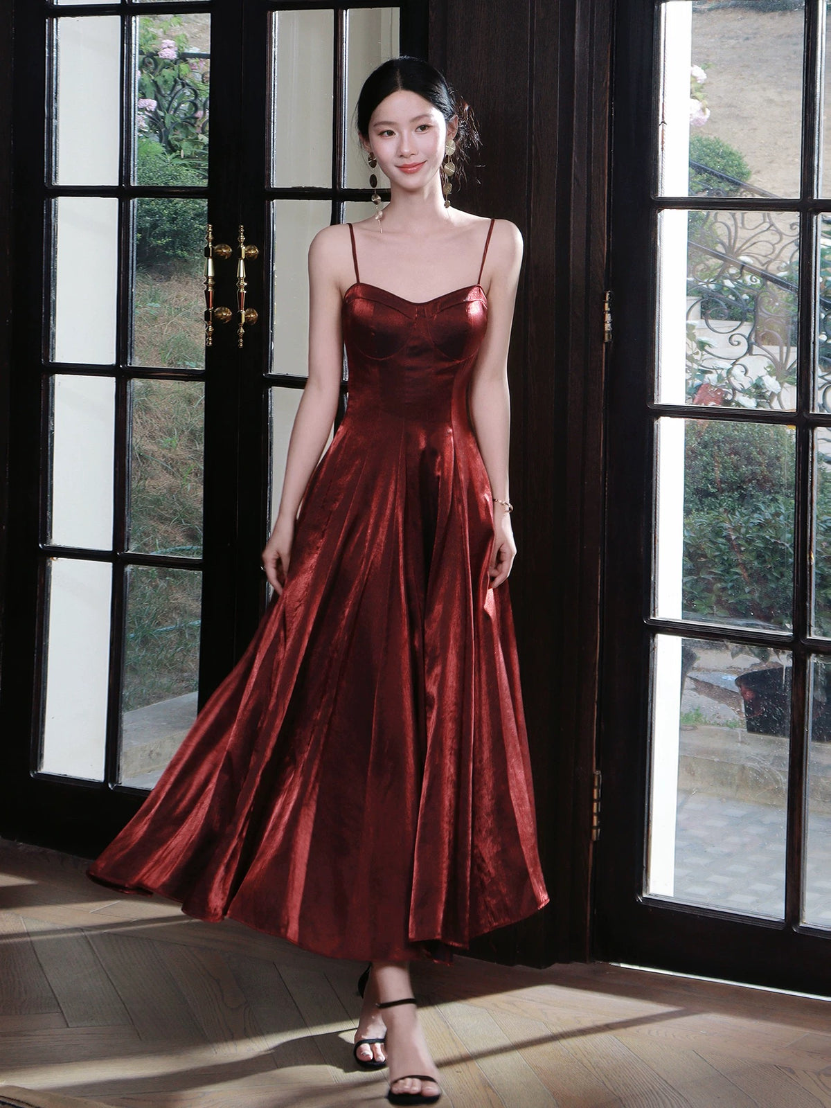 A-Line Sweetheart Neck Tea-Length Burgundy Prom Dress, Burgundy Formal Dress