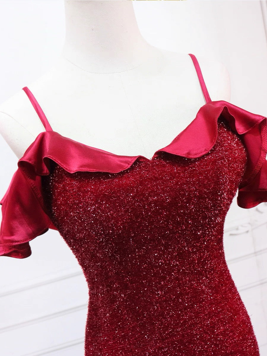 Mermaid V Neck Burgundy Long Prom Dress, Burgundy Long Formal Dress