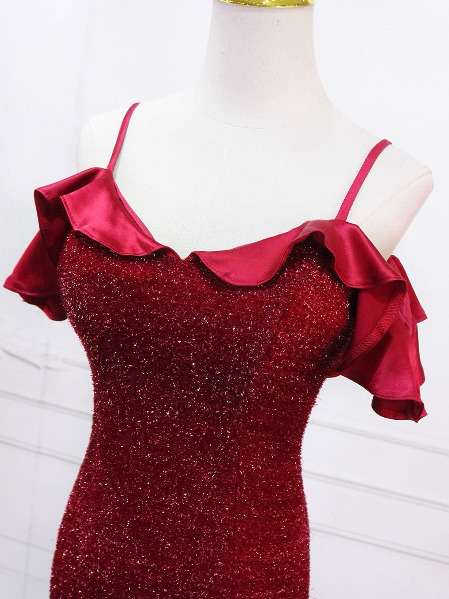Mermaid V Neck Burgundy Long Prom Dress, Burgundy Long Formal Dress