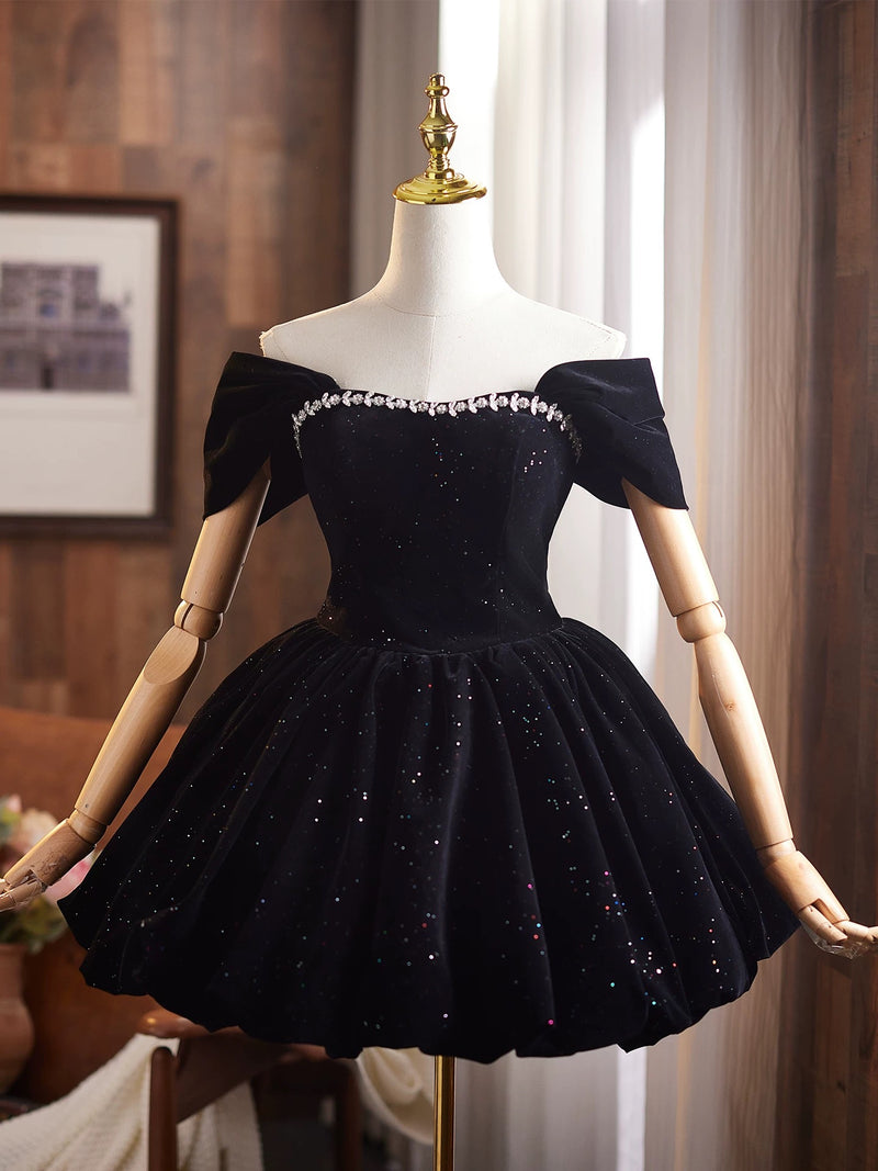 A-Line Off Shoulder Mini Black Short Prom Dress, Black Homecoming Dress US 10 / Black