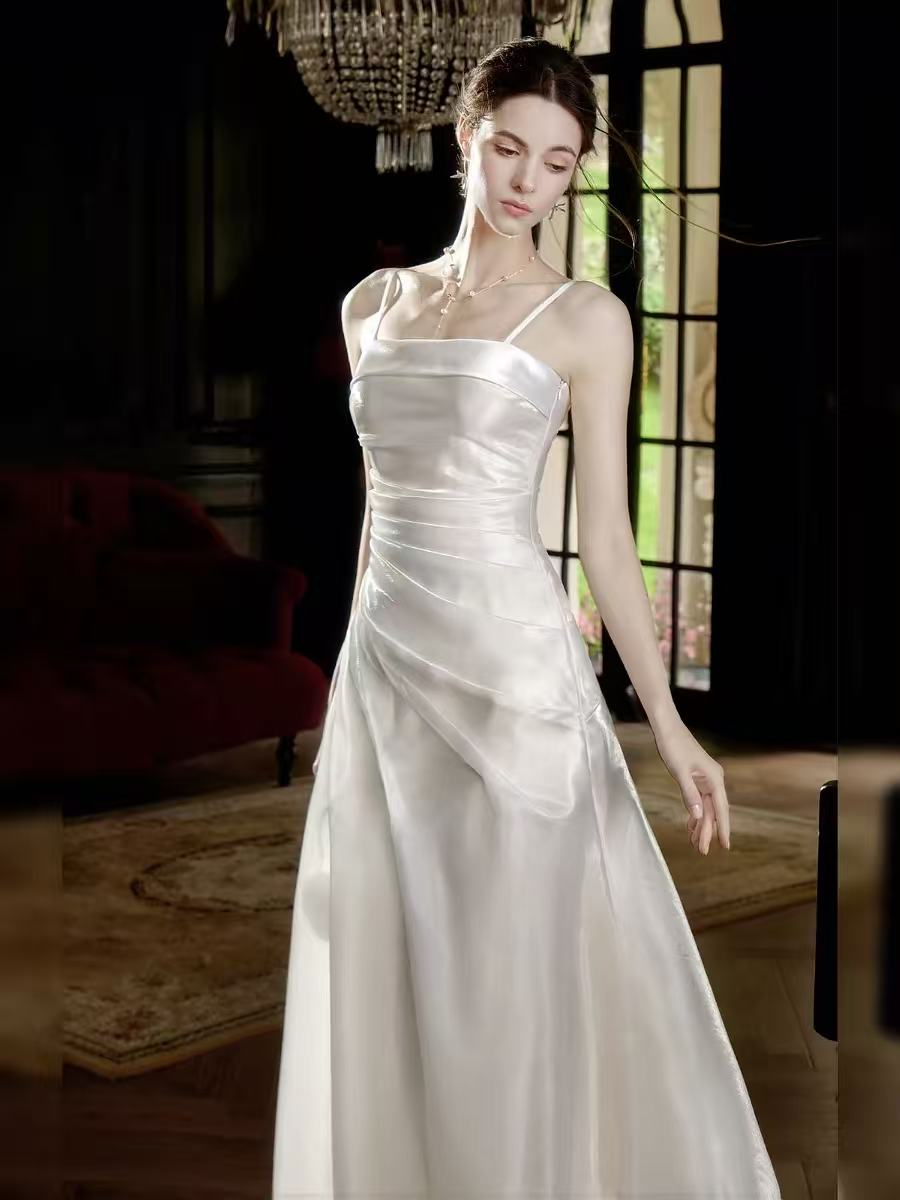White Cowl Neck Spaghetti Strap Ruched Tea Lengt A-Line Prom Dress