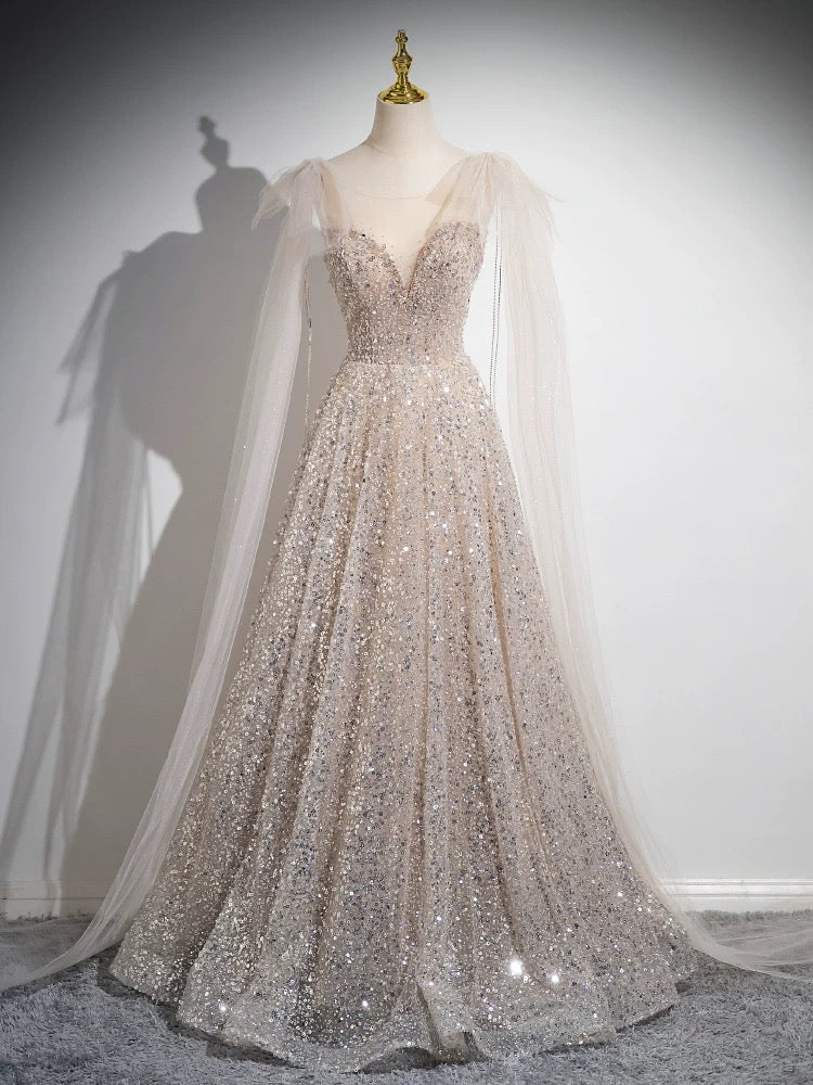 A-Line Scoop Neckline Tulle Sequin Champagne Long Prom Dress Custom Size / Champagne A-Line Scoop Neckline Tulle Sequin Champagne Long Prom Dress Custom Size / Champagne