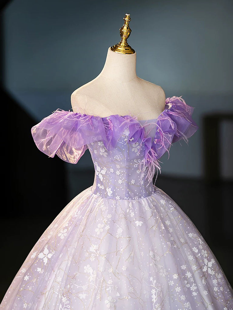 A-Line Off Shoulder Tulle Lace Purple Long Prom Dress, Purple Long Formal Dress