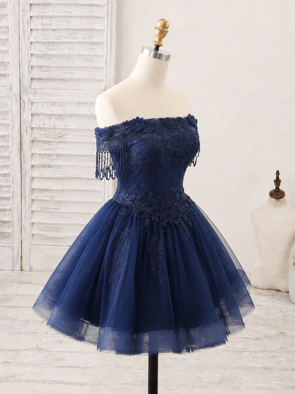 Cute Off Shoulder Tulle Lace Dark Blue Short Homecoming Dress with Beads
