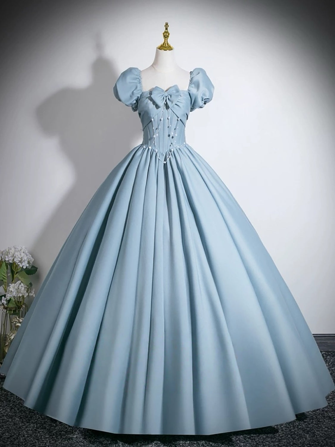 A-line Puff Sleeves Satin Floor Length Blue Long Prom Dress with Beads