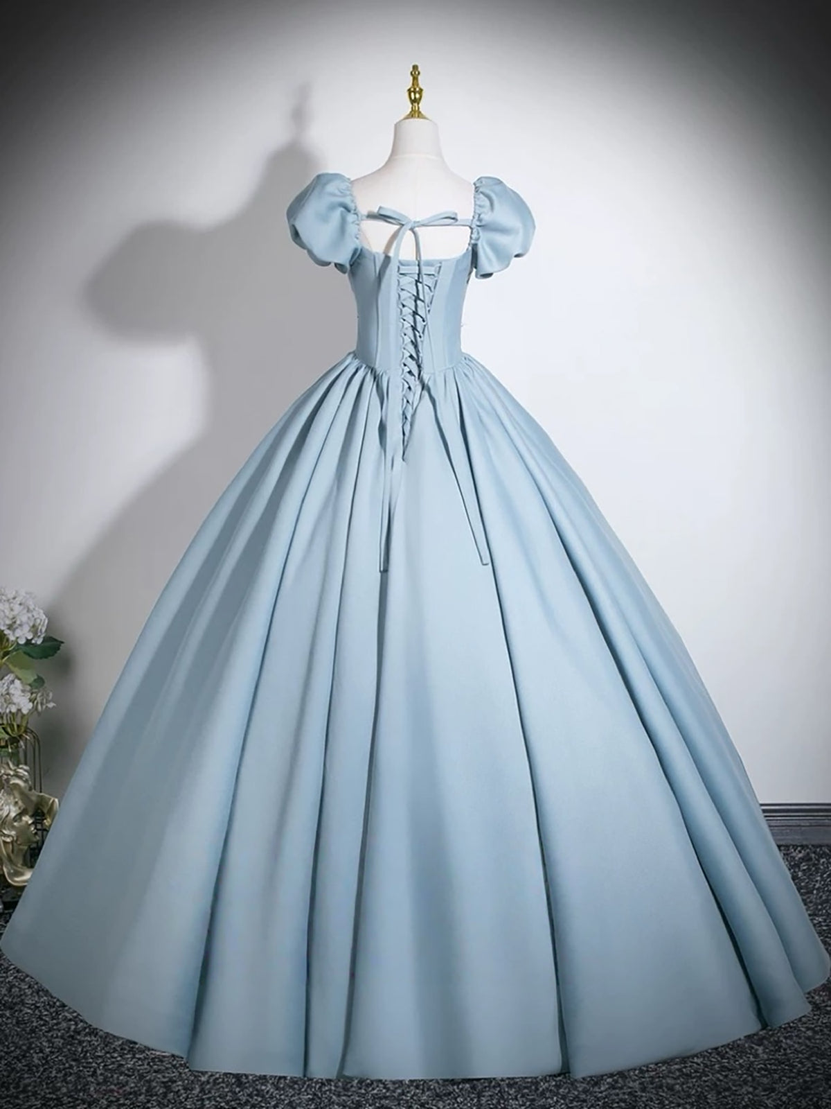 A-line Puff Sleeves Satin Floor Length Blue Long Prom Dress with Beads