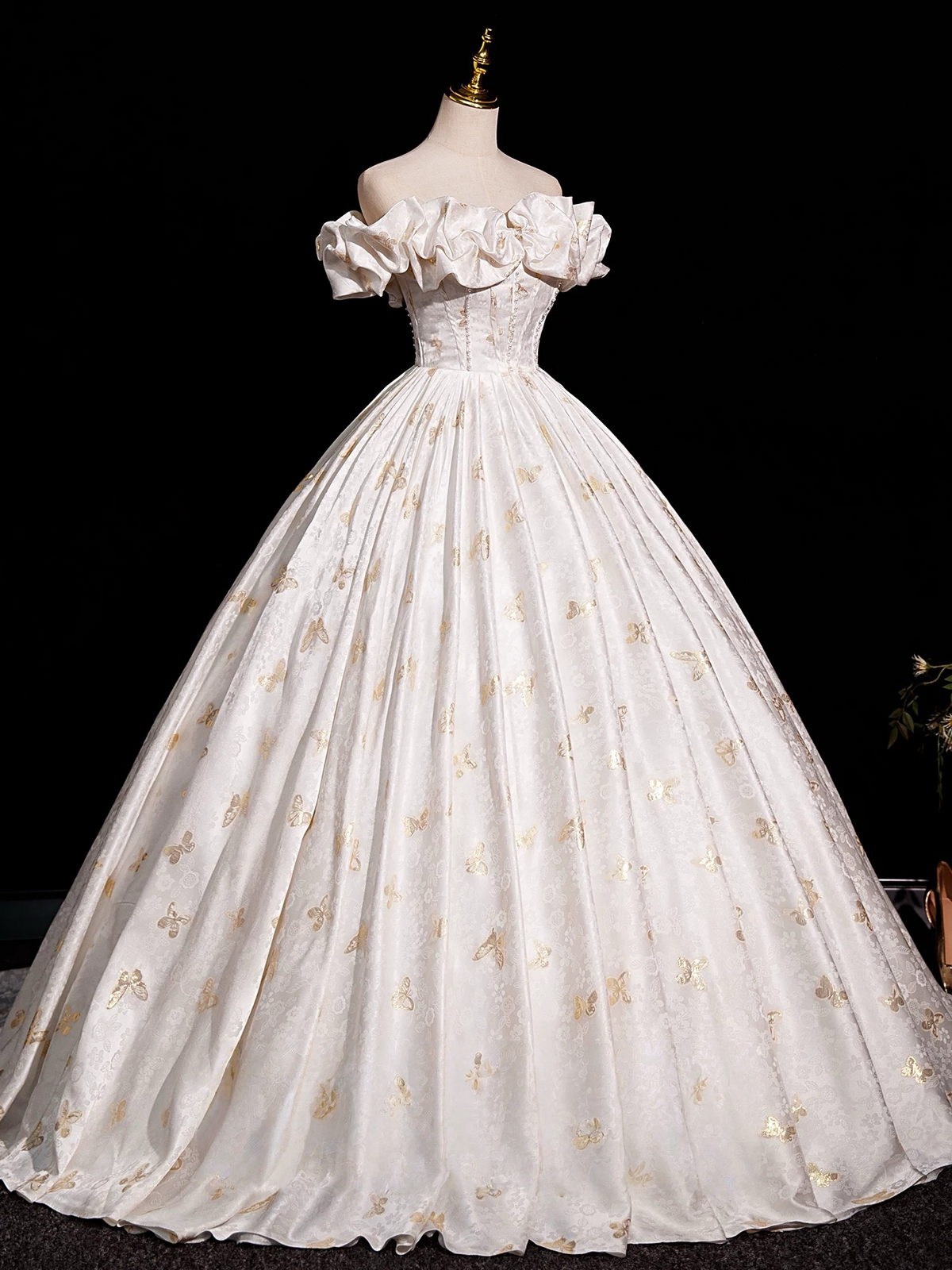 A-Line Off Shoulder Printed Satin Light Champagne Long Prom Dress