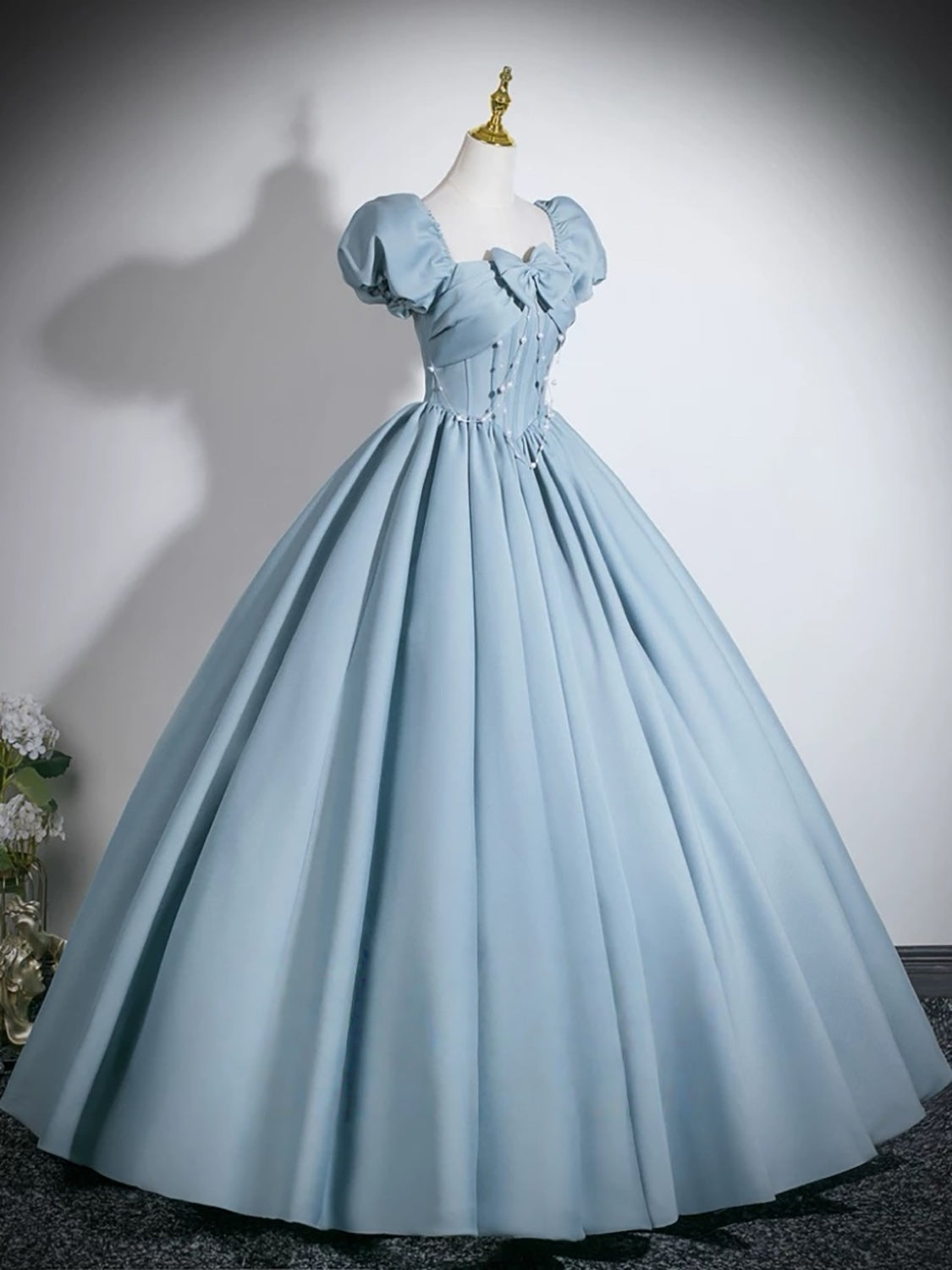 A-line Puff Sleeves Satin Floor Length Blue Long Prom Dress with Beads