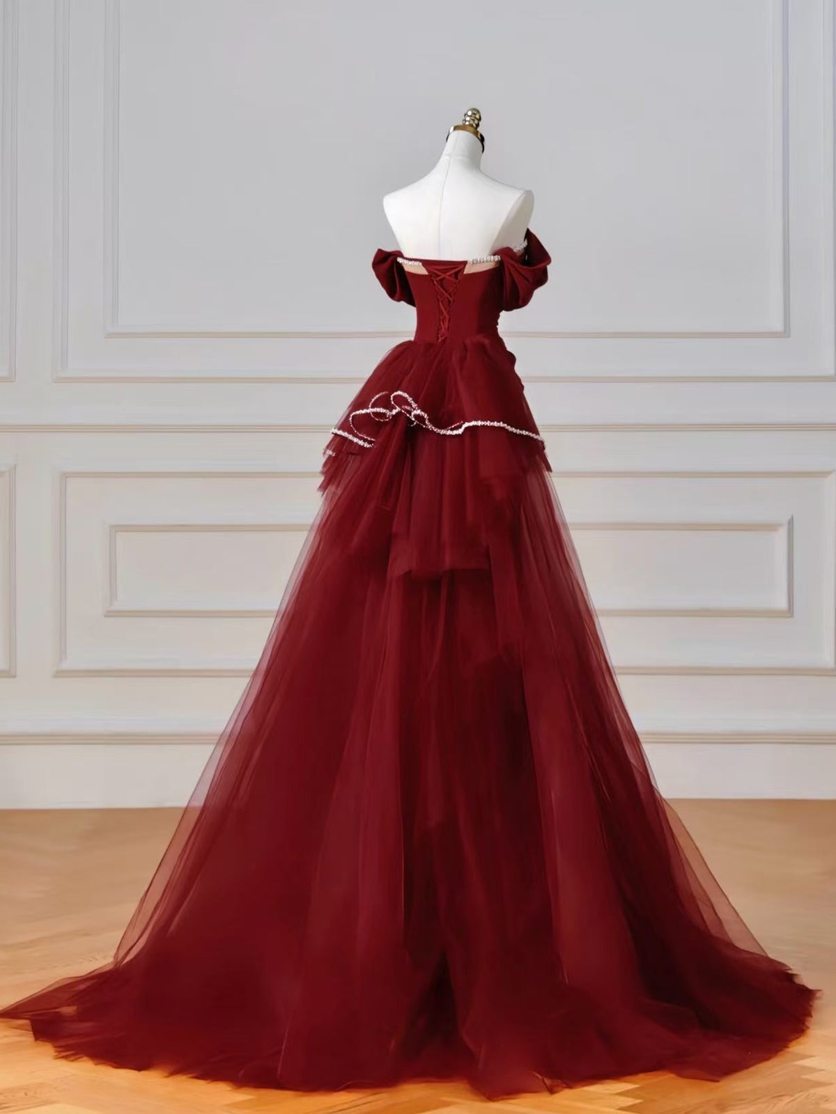 Unique Off Shoulder Tulle Satin Burgundy Long Prom Dress with Beads