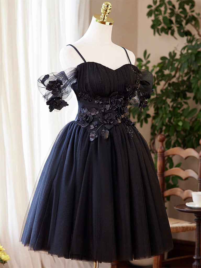 A-Line Sweetheart Neck Tulle Flower Black Short Prom Dress, Black Homecoming Dress