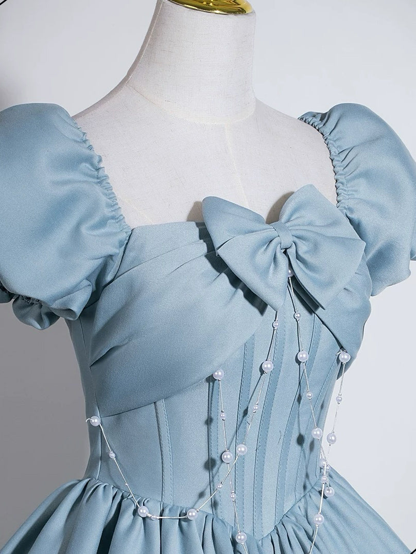 A-line Puff Sleeves Satin Floor Length Blue Long Prom Dress with Beads