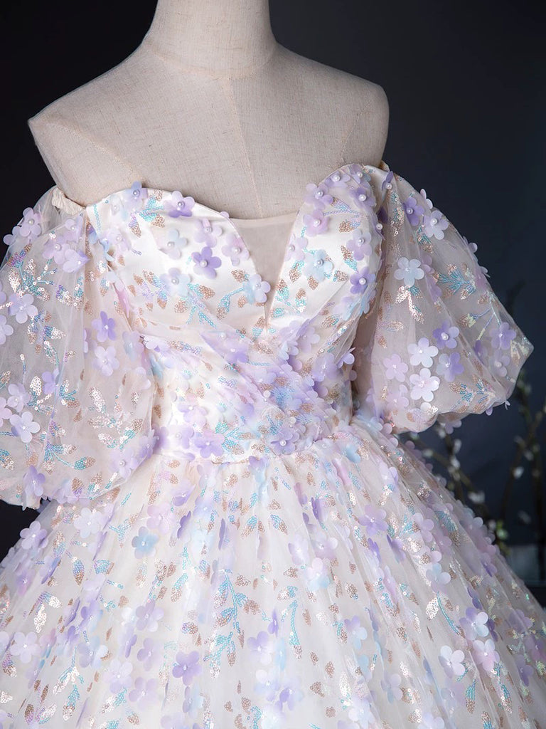 light purple long sleeve dress A-Line Puff Sleeves Sweetheart Neck Tulle Lace Light Purple Long Prom Dress Custom Size / Purple