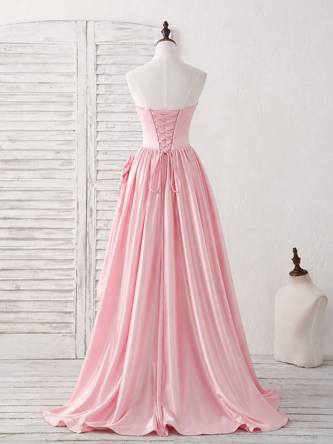 A-line Satin Floor Length Pink Long Prom Dress with Flower Beads