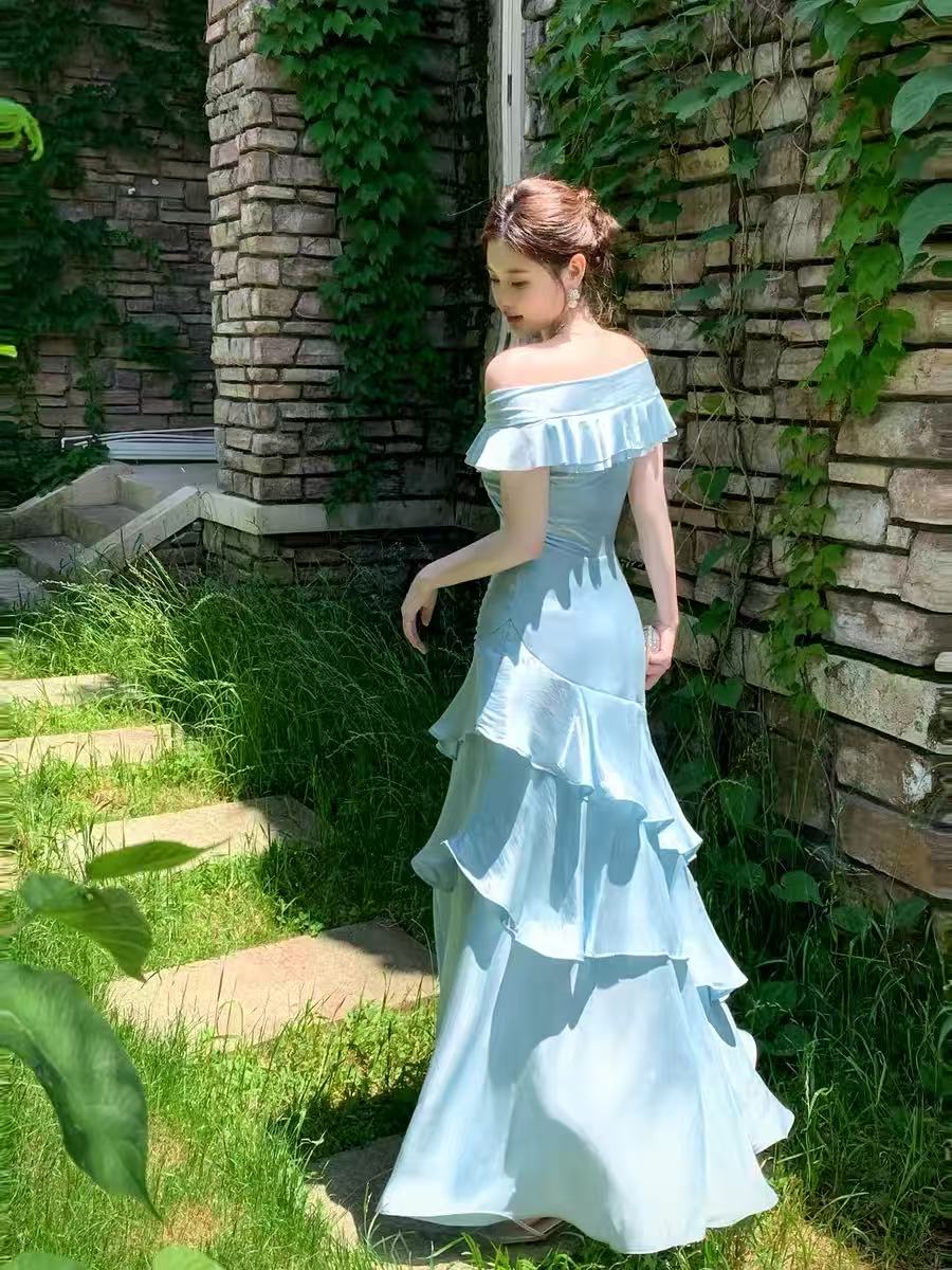 Mermaid Off Shoulder Silk Floor Length Blue Prom Dress, Blue Evening Dress
