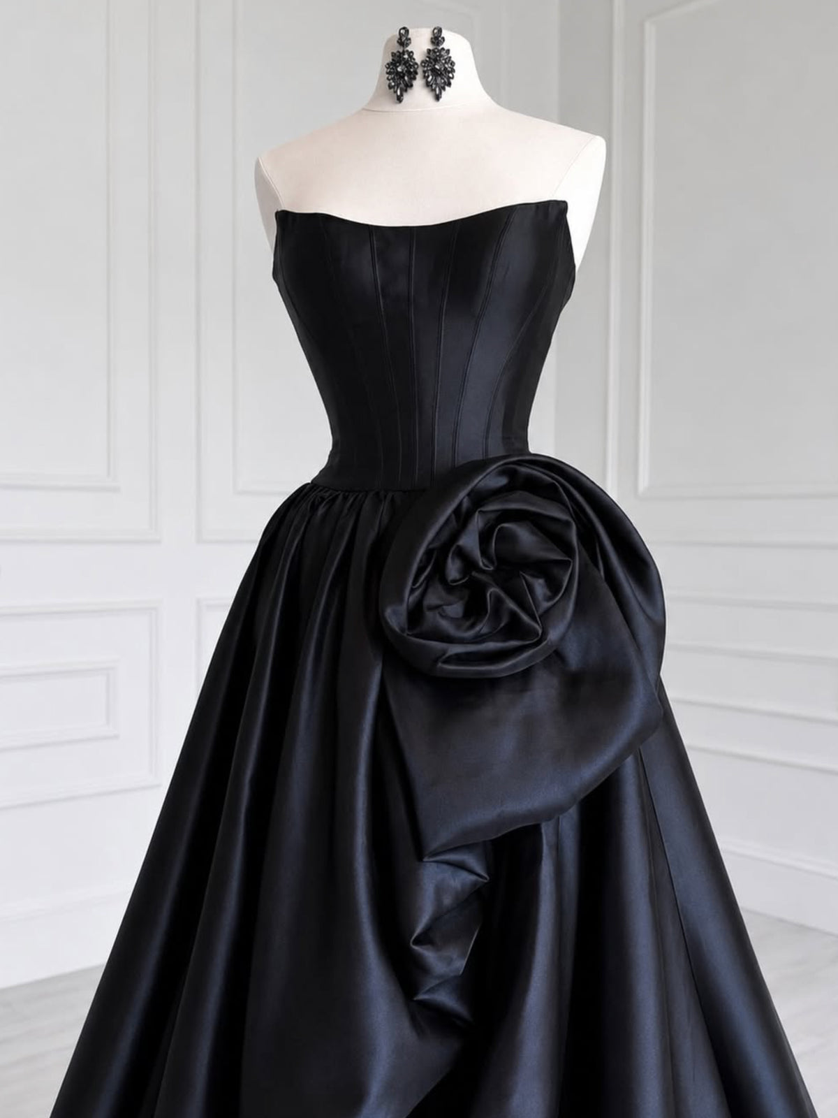 A-line Spoon Neck Satin Black Long Prom Dress, Black Formal Dress