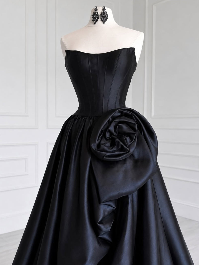 black silk a line dress A-line Spoon Neck Satin Long Prom Dress, Black Formal Size:16 US (48 EU) Wisteria long black silk dress ZAPAKA Women Ivory Lace shoulder neckline gracefully frames