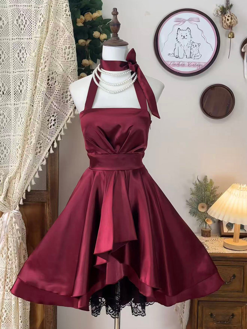 homecoming burgundy dress Simple A-line Satin Lace Short Burgundy Prom Dress, Burgundy Homecoming Dress US 16 / Burgundy