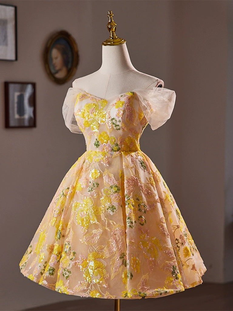 A-Line Off Shoulder Tulle Lace Short Yellow Prom Dress, Yellow Homecoming Dress US 14 / Yellow A-Line Off Shoulder Tulle Lace Short Yellow Prom Dress, Yellow Homecoming Dress US 14 / Yellow