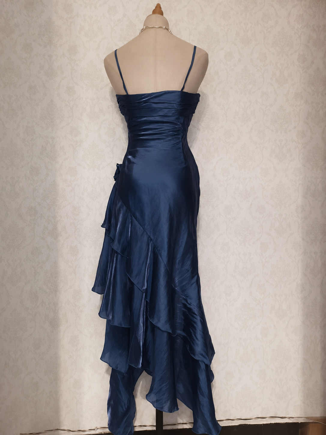 Elegant Silk Tea Length Silk Dark Blue Prom Dress, Dark Blue Party Dress