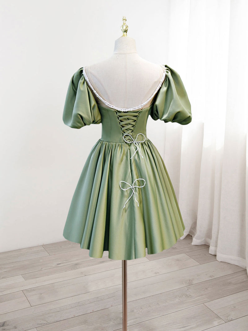A-Line Green Puffy Sleeve Satin Short Prom Dress, Green Short Formal Dress Custom Size / Green A-Line Green Puffy Sleeve Satin Short Prom Dress, Green Short Formal Dress Custom Size / Green