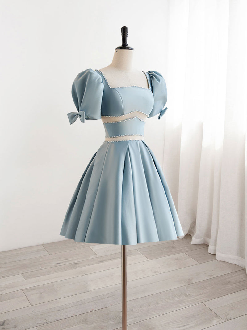 Vintage Light Blue Satin Short Sleeve Mini Dress - Square Neck A-Line Party Gown US 12 / Light Blue Vintage Light Blue Satin Short Sleeve Mini Dress - Square Neck A-Line Party Gown US 12 / Light Blue