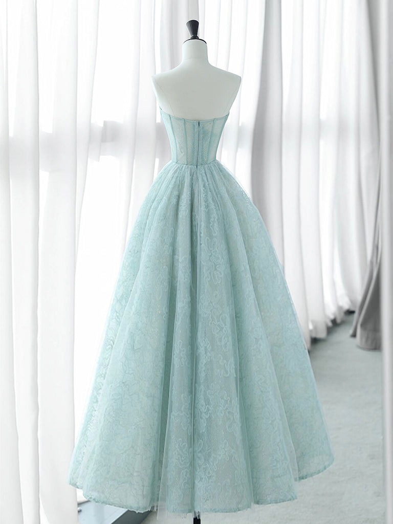 A-Line Sweetheart Neck Tulle Lace Blue Long Prom Dress, Blue Long Formal Dress