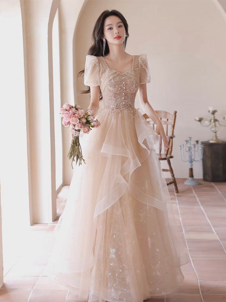 champagne long formal dresses Sequin-Print Prom Dress with Sheer Leg PromGirl haute couture Leely Women Sparkly Champagne Long