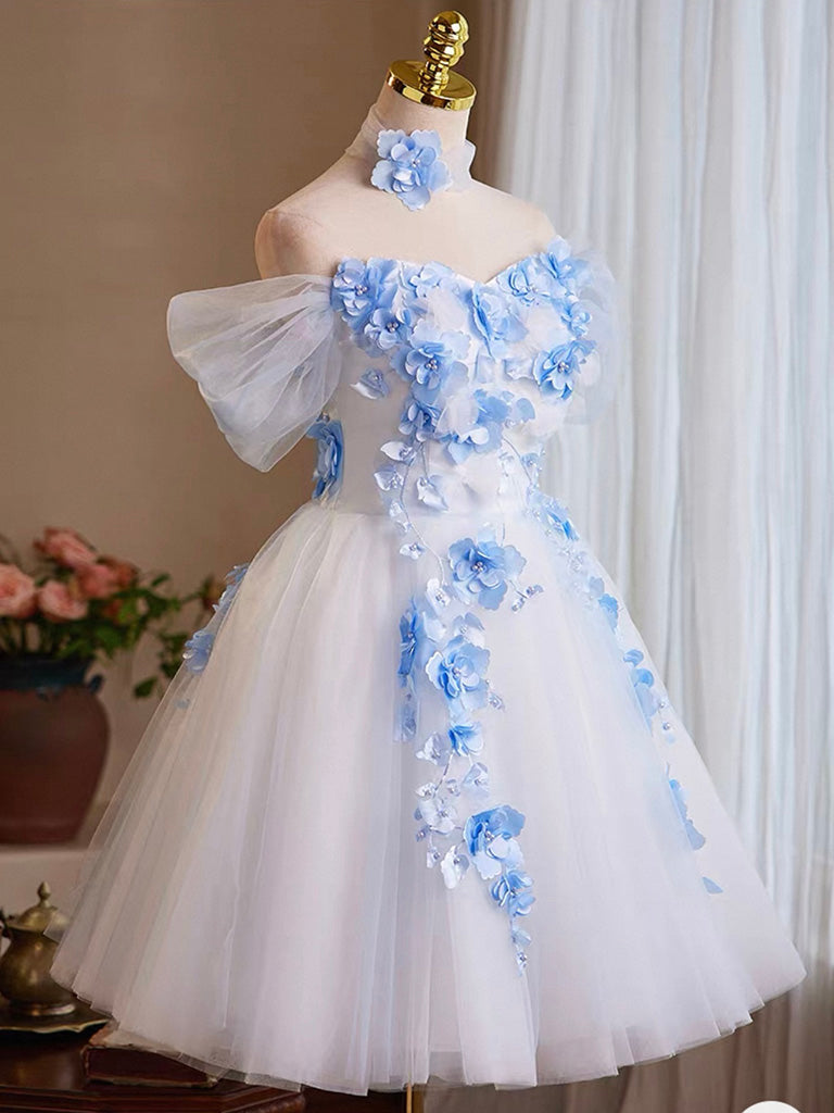 A-Line Tulle Flower White Short Prom Dress, White Homecoming Dress