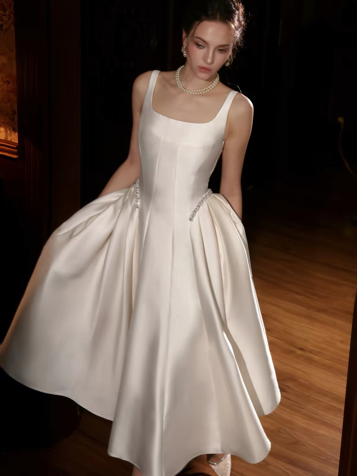A-line Square Neck Tea Length White Prom Dress with Beads