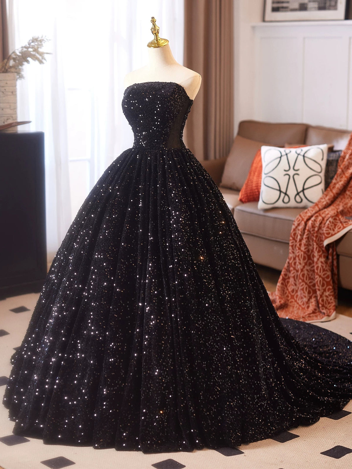 A-Line Velvet Sequin Black Long Prom Dress, Black Long Evening Dress