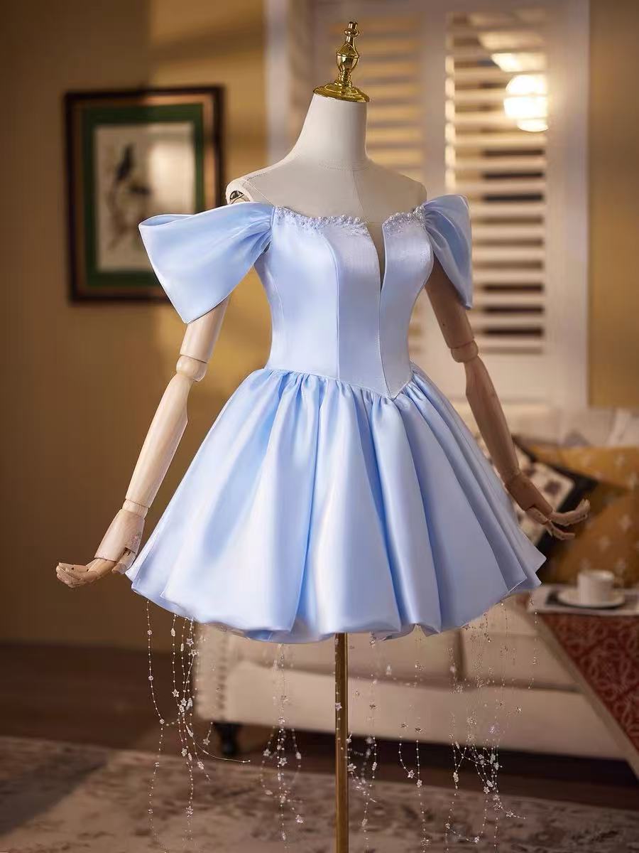 A-line Off Shoulder Satin Short Blue Prom Dress with Beads
