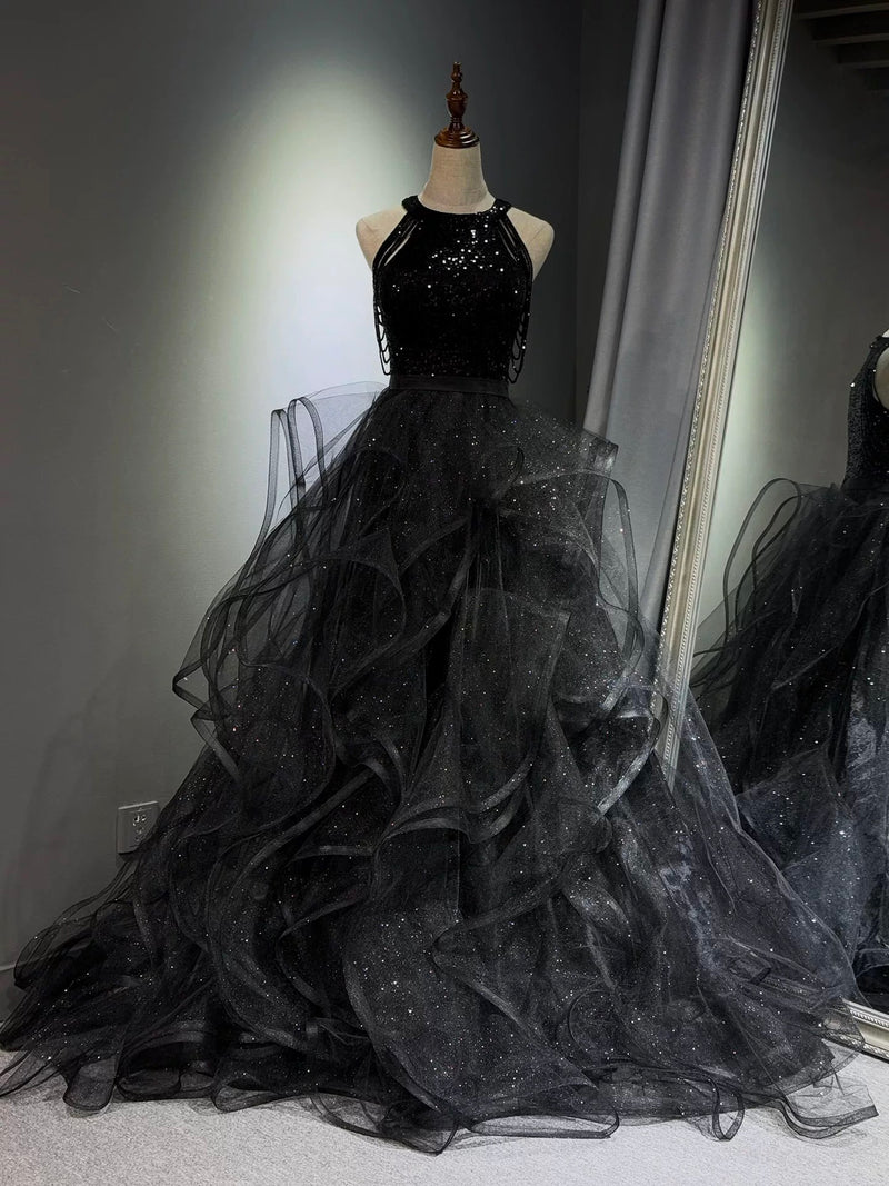 Black Halter Sequin Prom Dress, Sparkly Ruffled Tulle Ball Gown US 2 / Black