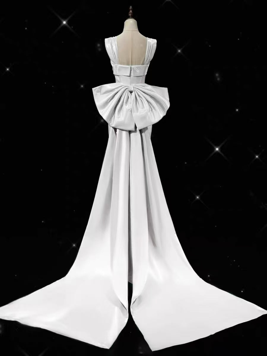 Simple Mermaid Satin Sweep Train White Long Prom Dress