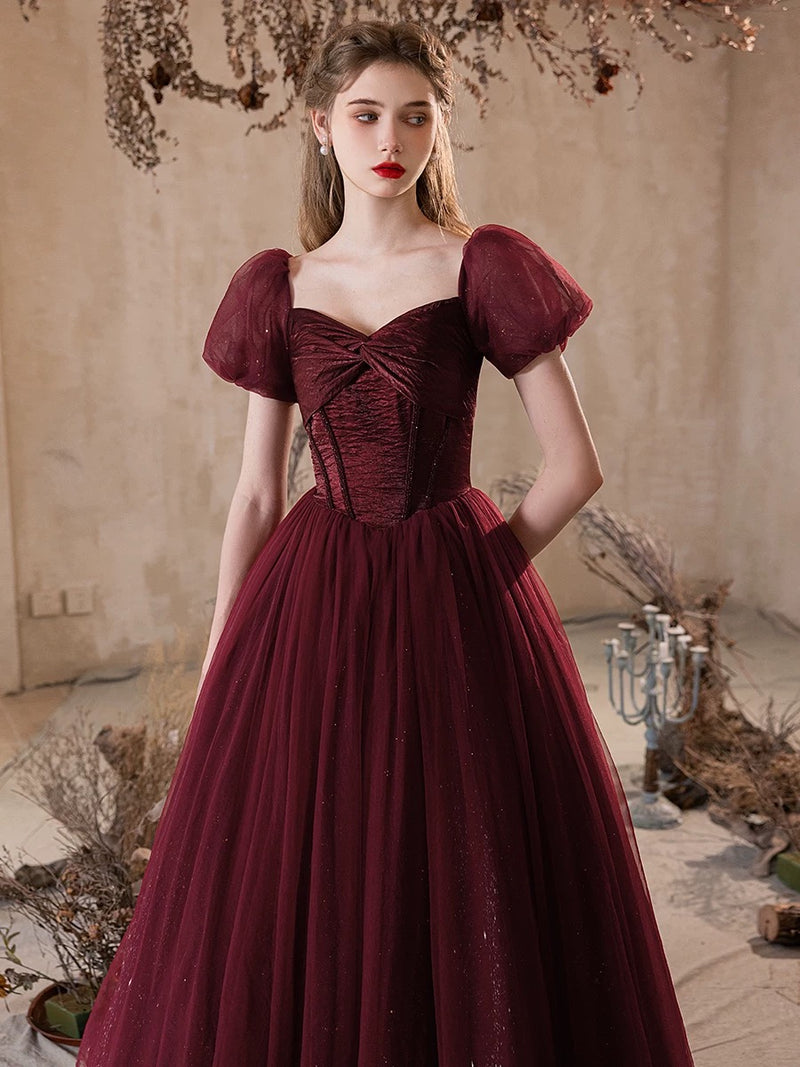A-Line Puff Sleeves Tulle Burgundy Long Prom Dress, Burgundy Long Formal Dress A-Line Puff Sleeves Tulle Burgundy Long Prom Dress, Burgundy Long Formal Dress