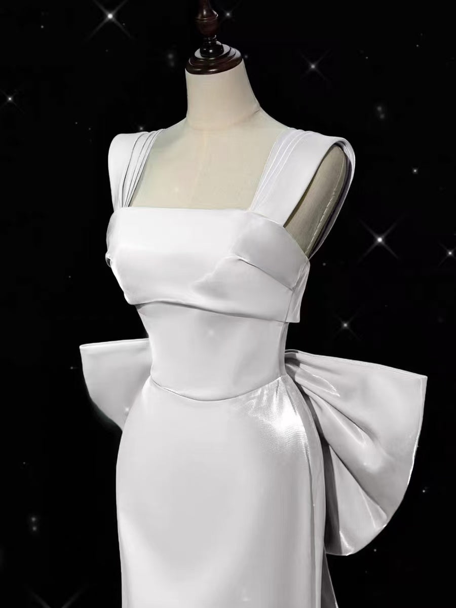 Simple Mermaid Satin Sweep Train White Long Prom Dress