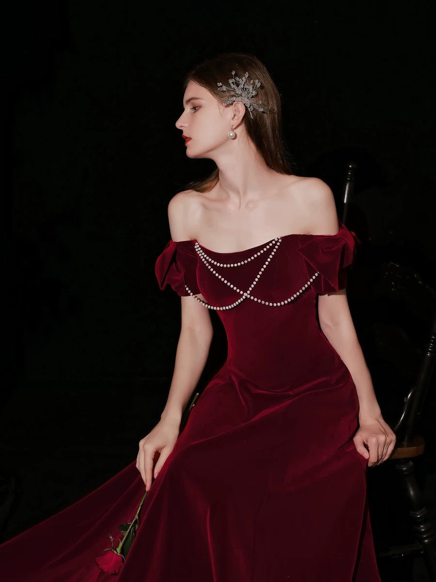 Simple A-Line Velvet Floor Length Burgundy Prom Dress with Beads