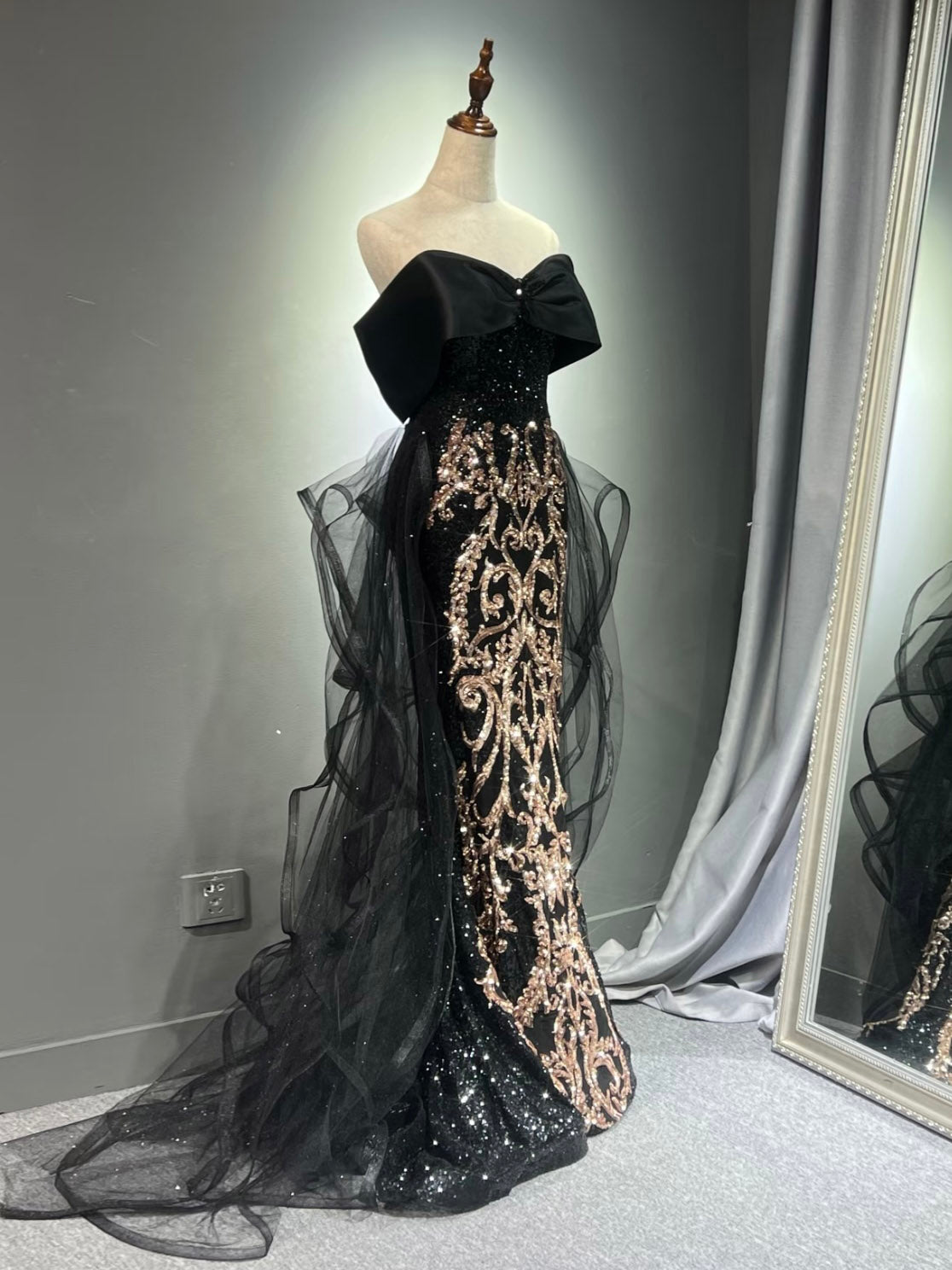 Mermaid Off Shoulder Sweep Train Sequin Black Long Prom Dress