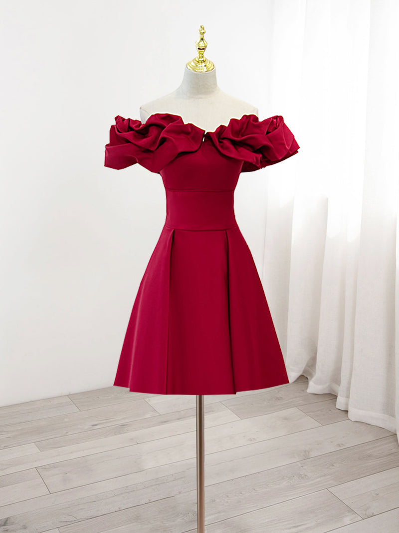 Burgundy A-Line Off Shoulder Satin Short Prom Dress, Burgundy Homecomi shopluu Burgundy A-Line Off Shoulder Satin Short Prom Dress, Burgundy Homecomi shopluu