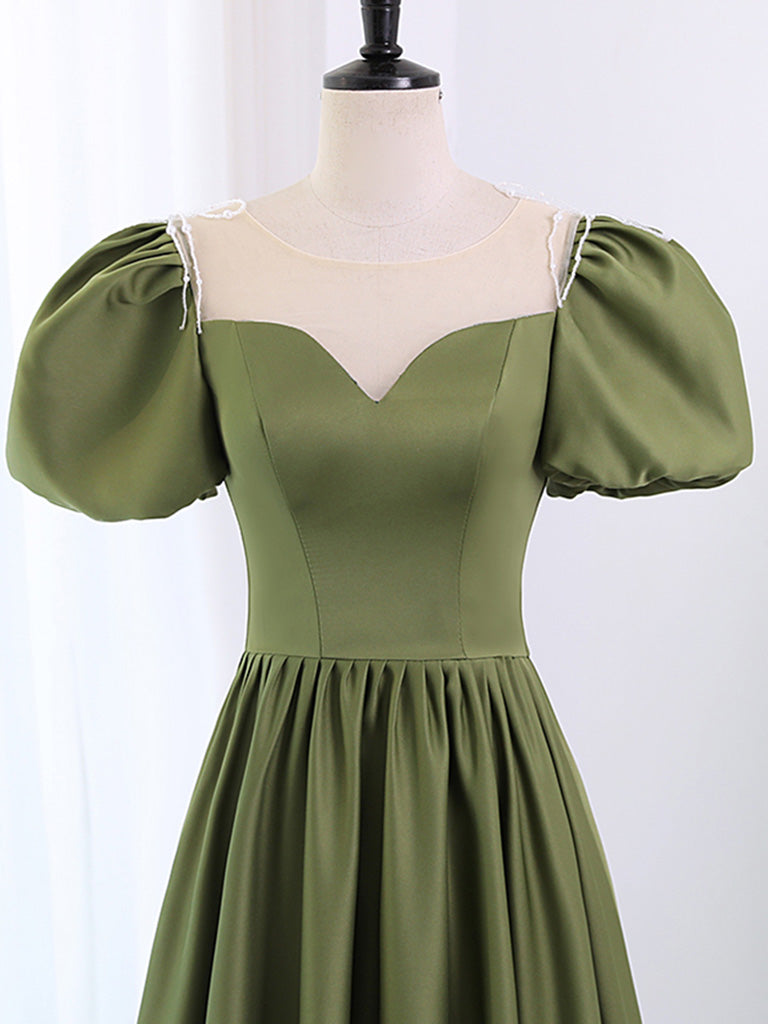 A-Line Scoop Neckline Puff Sleeves Satin Long Green Prom Dress, Green ... A-Line Scoop Neckline Puff Sleeves Satin Long Green Prom Dress, Green ...