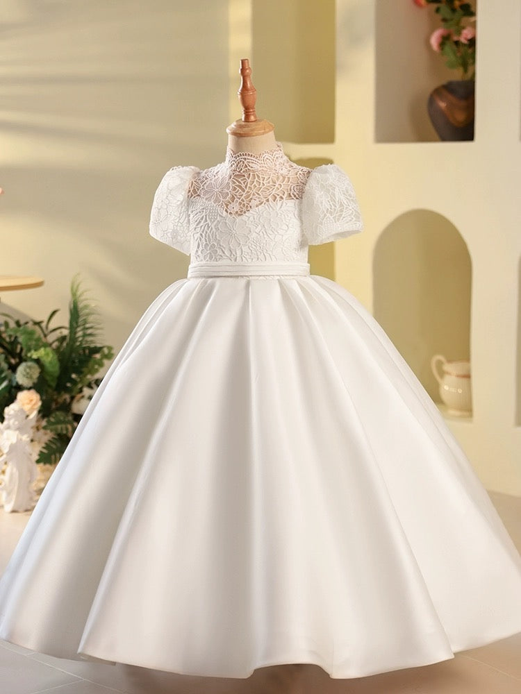 white satin flower girl dress Silky Satin Girl Dress, Long sleeve Flower Girl Dress, Elegant Satin Gown, Lace Ivory Flower Girl Gown, Flower Girl dress
