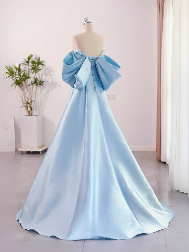 Blue Satin Floor Length Prom Dress with Bow, Beautiful A-Line Party Dress US 16 / Blue Blue Satin Floor Length Prom Dress with Bow, Beautiful A-Line Party Dress US 16 / Blue