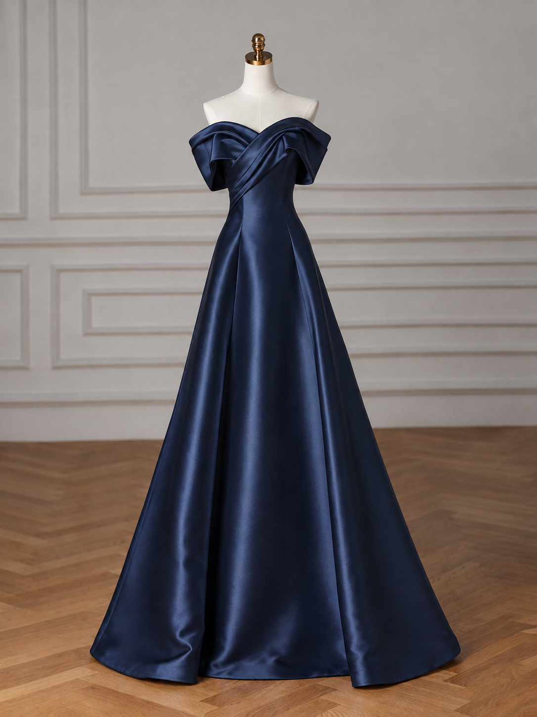 A-line Off Shoulder Satin Dark Blue Long Prom Dress